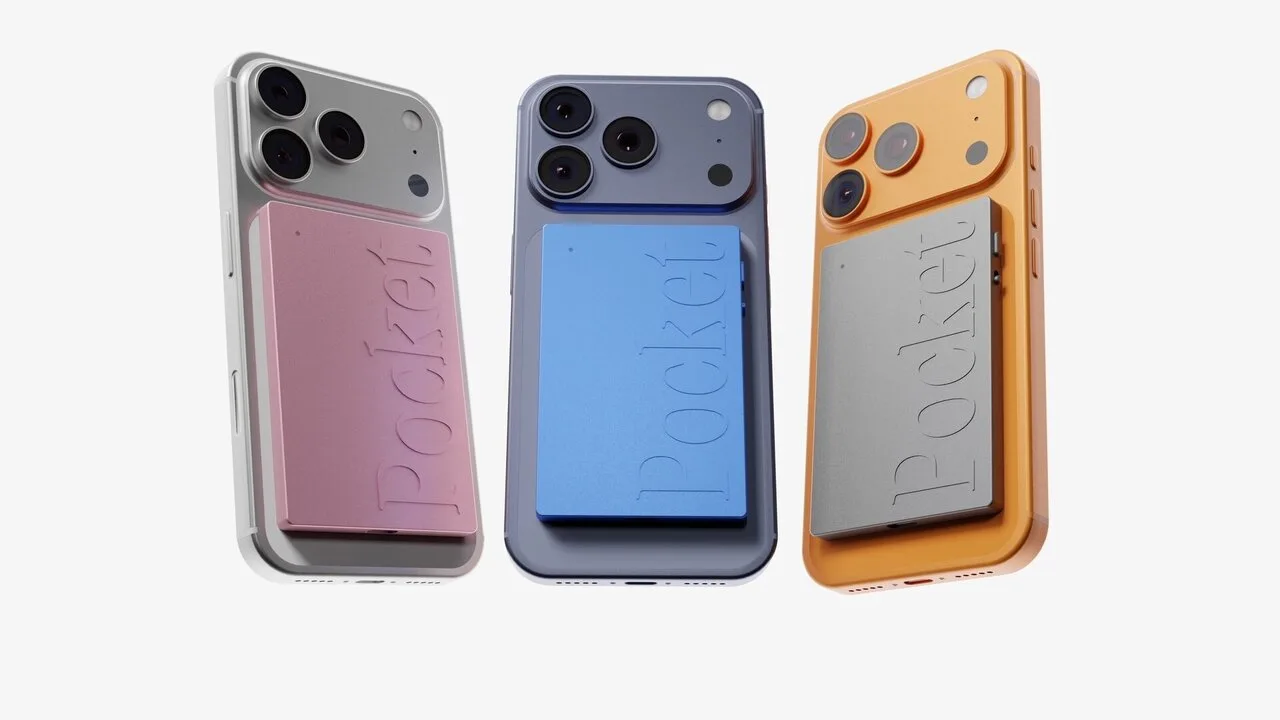 Pocket AI recorder in pink, blue and silver attached to the back of smartphones